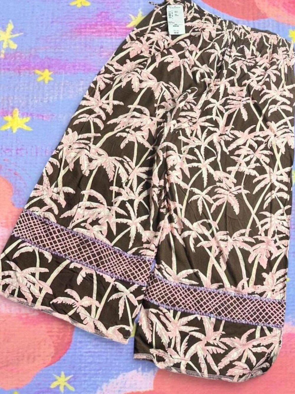 Vintage Y2K NWT Faith Brown and Pink Beaded Palm Tree Pants with Drawstring